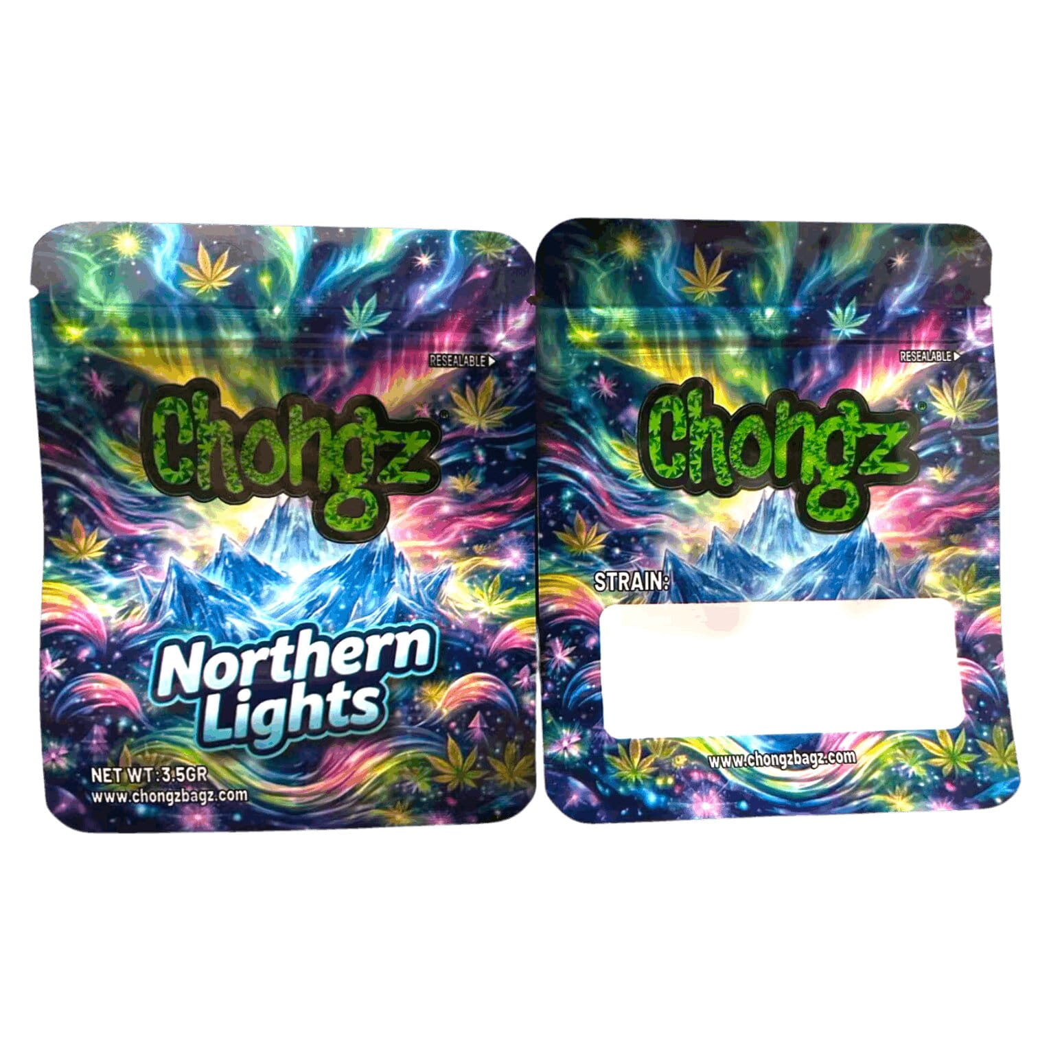 Northern Lights Mylar bag design, front and back